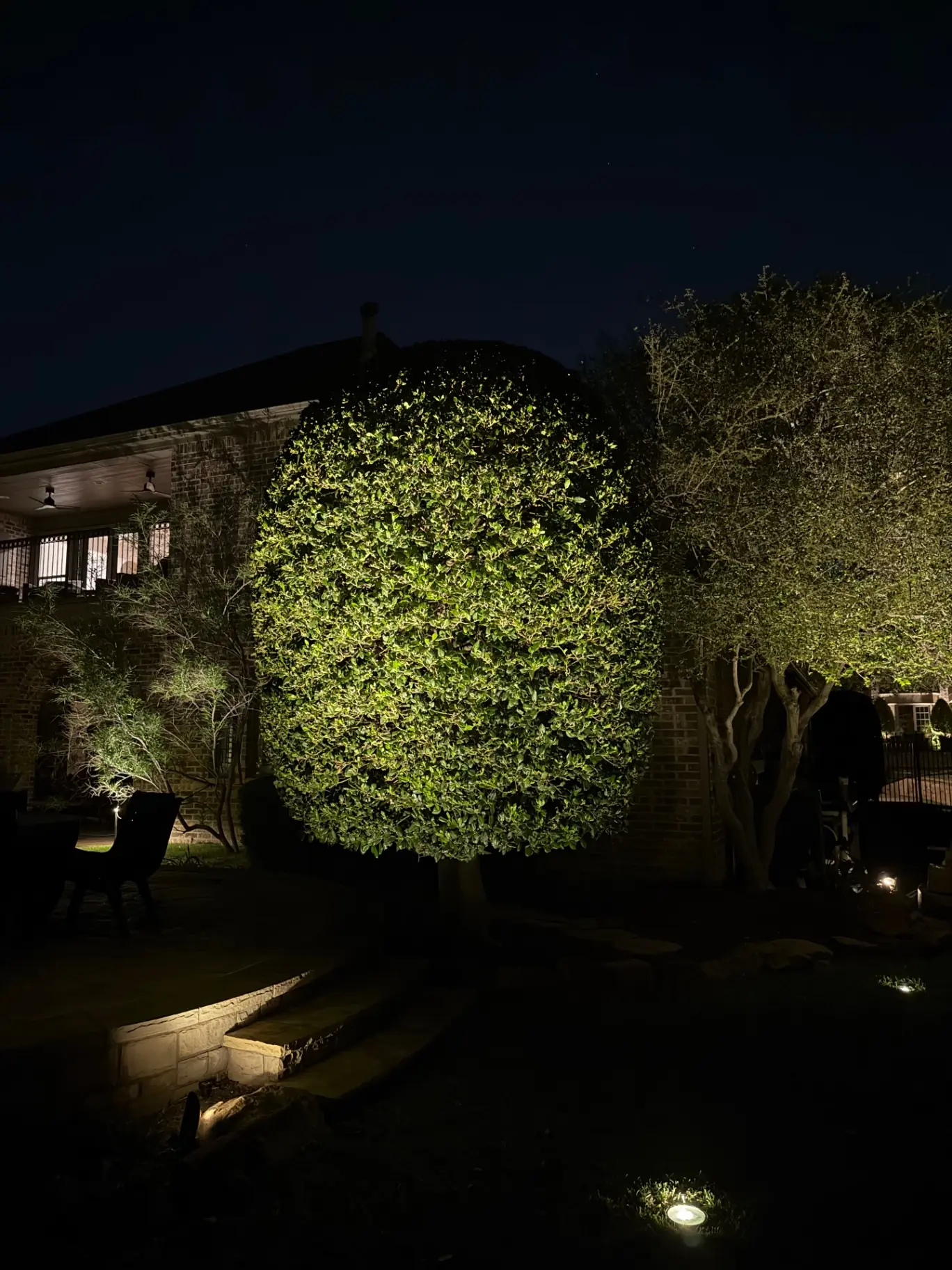 Warm light washing brick and shrubs along a home elevation